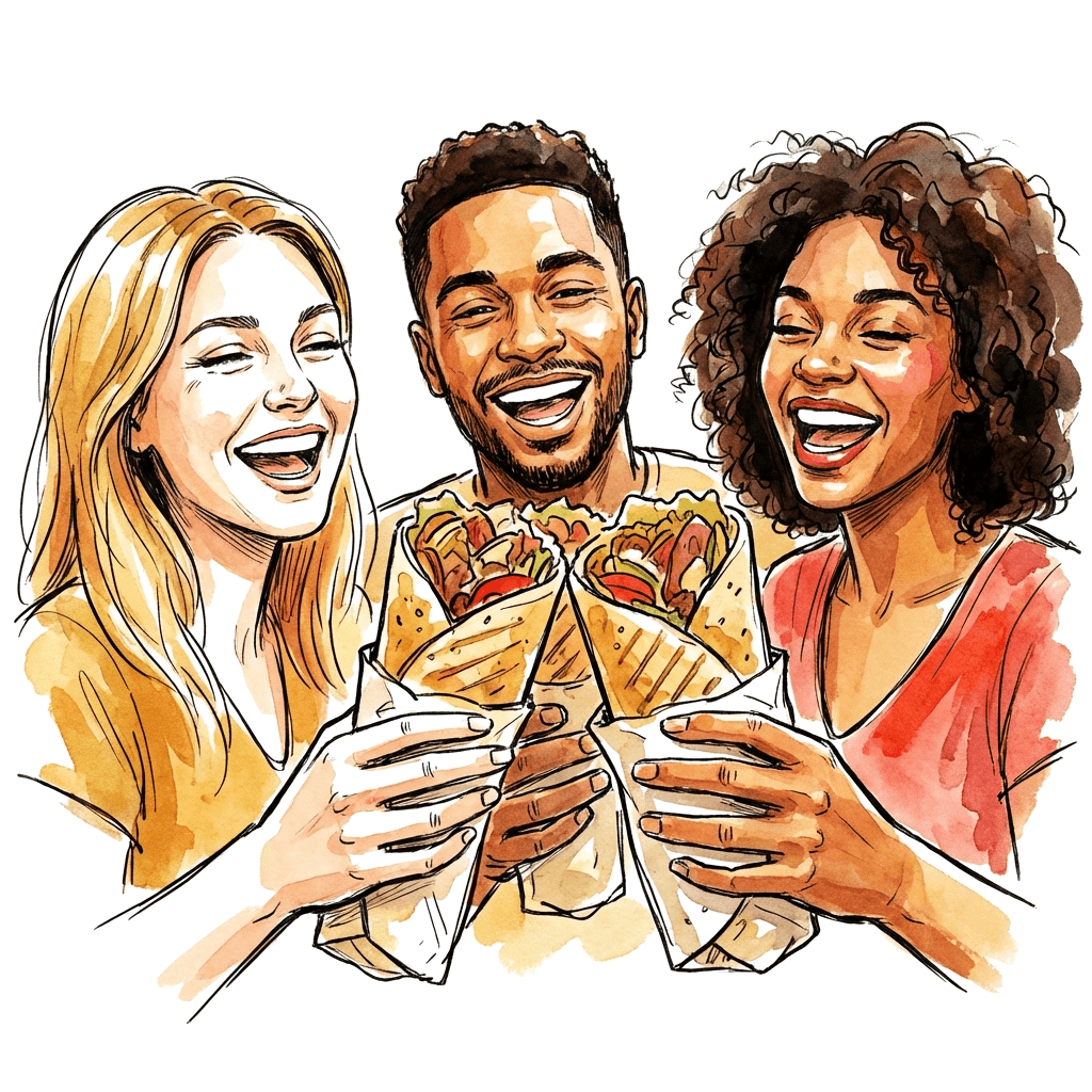 Watercolour of three friends laughing over KEF wraps